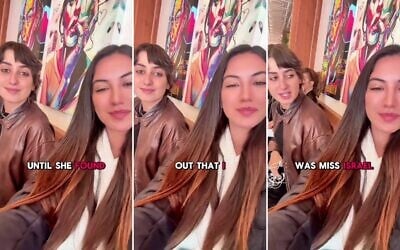 Israel’s contestant in the Miss Universe pageant, Melanie Shiraz (on the right side of these frames), seen meeting Rama Duwaji, the wife of New York City Mayor Zohran Mamdani, by chance in a coffee shop in NYC, May 6, 2026. (Screenshots/Melanie Shiraz via Instagram)
