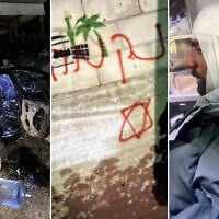 Left to right: A vehicle allegedly torched by settlers near Hebron, overnight May 16-17, 2026; graffiti reading 'Revenge' from the same location; a Palestinian man wrapped in bandages after an alleged settler attack near Bethlehem, May 17, 2026. (All photos from social media, used in accordance with Clause 27a of the Copyright Law)
