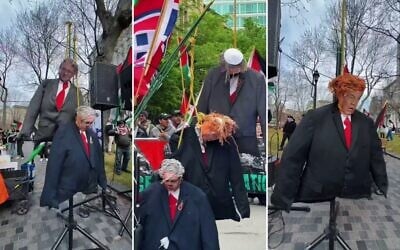 Figures representing National Security Minister Itamar Ben Gvir, Prime Minister Benjamin Netanyahu, and US President Donald Trump hang from nooses at an anti-Israel protest in Montreal, May 24, 2026. (Social media, used in accordance with Clause 27a of the Copyright Law) Figures representing National Security Minister Itamar Ben Gvir, Prime Minister Benjamin Netanyahu, and US President Donald Trump hang from nooses at an anti-Israel protest in Montreal, May 24, 2026. (Social media, used in accordance with Clause 27a of the Copyright Law)