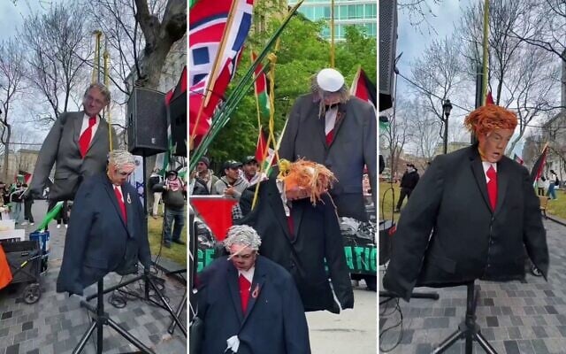 Figures representing National Security Minister Itamar Ben Gvir, Prime Minister Benjamin Netanyahu, and US President Donald Trump hang from nooses at an anti-Israel protest in Montreal, May 24, 2026. (Social media, used in accordance with Clause 27a of the Copyright Law)