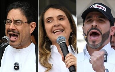 This combination of pictures created on May 14, 2026, shows (L-R) Colombia's presidential candidate from the ruling party Pacto Historico, Ivan Cepeda, delivering a speech during a May Day rally marking International Workers Day in Bogota on May 1, 2026; Colombia's presidential candidate Paloma Valencia, of the Centro Democratico party, speaking during a campaign rally in Rionegro, Antioquia department, Colombia on April 13, 2026; and Colombian presidential candidate for the Defensores de la Patria political movement, Abelardo de la Espriella, gesturing during a campaign rally in Medellin, Colombia on January 28, 2026. (Raul ARBOLEDA and Jaime SALDARRIAGA / AFP) This combination of pictures created on May 14, 2026, shows (L-R) Colombia's presidential candidate from the ruling party Pacto Historico, Ivan Cepeda, delivering a speech during a May Day rally marking International Workers Day in Bogota on May 1, 2026; Colombia's presidential candidate Paloma Valencia, of the Centro Democratico party, speaking during a campaign rally in Rionegro, Antioquia department, Colombia on April 13, 2026; and Colombian presidential candidate for the Defensores de la Patria political movement, Abelardo de la Espriella, gesturing during a campaign rally in Medellin, Colombia on January 28, 2026. (Raul ARBOLEDA and Jaime SALDARRIAGA / AFP)