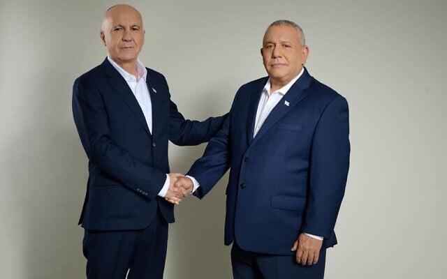 Former Shin Bet chief Yoram Cohen, left, and Yashar party chairman Gadi Eisenkot, in a photo released May 5, 2026. (Courtesy/Yashar)