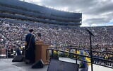 University of Michigan professor Derek Peterson praises campus pro-Palestinian protesters during his commencement speech in Ann Arbor, Michigan, May 2, 2026. (Screenshot via YouTube via JTA)