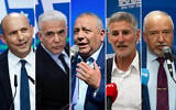 Left to right: Former prime minister Naftali Bennett speaks during a press conference at the Knesset in Jerusalem, May 20, 2026. (Yonatan Sindel/Flash90); Opposition Leader Yesh Atid MK Yair Lapid leads a faction meeting at the Knesset on May 25, 2026 (Yonatan Sindel/Flash90); Gadi Eisenkot, head of the Yashar party, speaks during a conference at Tel Aviv University, May 12, 2026. (Avshalom Sassoni/Flash90); Leader of the Democrats party Yair Golan leads a faction meeting at the Knesset in Jerusalem, on May 25, 2026. (Yonatan Sindel/Flash90); Yisrael Beytenu chair Avigdor Liberman leads a faction meeting at the Knesset on May 25, 2026. (Yonatan Sindel/Flash90)