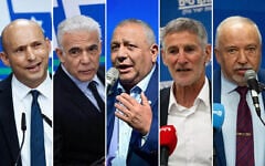 Left to right: Former prime minister Naftali Bennett speaks during a press conference at the Knesset in Jerusalem, May 20, 2026. (Yonatan Sindel/Flash90); Opposition Leader Yesh Atid MK Yair Lapid leads a faction meeting at the Knesset on May 25, 2026 (Yonatan Sindel/Flash90); Gadi Eisenkot, head of the Yashar party, speaks during a conference at Tel Aviv University, May 12, 2026. (Avshalom Sassoni/Flash90); Leader of the Democrats party Yair Golan leads a faction meeting at the Knesset in Jerusalem, on May 25, 2026. (Yonatan Sindel/Flash90); Yisrael Beytenu chair Avigdor Liberman leads a faction meeting at the Knesset on May 25, 2026. (Yonatan Sindel/Flash90)