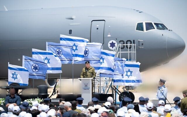 IDF Chief of Staff Lt. Gen. Eyal Zamir speaks at a ceremony at Nevatim Airbase, inaugurating the first of six KC-46 aircraft purchased by the Defense Ministry from the United States, May 27, 2026. (Israel Defense Forces)