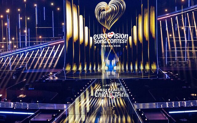 The Eurovision logo is seen during the official opening of the stage at the Wiener Stadthalle prior to the 70th Eurovision Song Contest (ESC), in Vienna, Austria on April 28, 2026. (Joe Klamar / AFP)