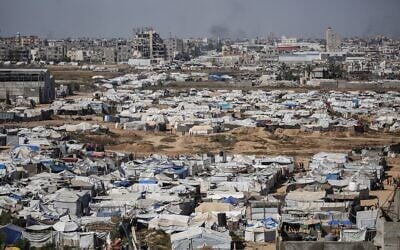 Tents housing displaced Palestinian families are seen in the central Gaza Strip's Bureij refugee camp on May 1, 2026. (Eyad Baba / AFP)