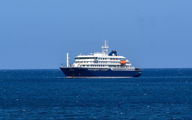 A view of the cruise ship MV Hondius, stationary off the port of Praia, the capital of Cape Verde, on May 3, 2026. (AFP)