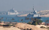 A handout picture released by the Marine Nationale (French Navy) on May 6, 2026, shows the French Navy's Carrier Strike Group that includes the flagship aircraft carrier Charles de Gaulle (unseen) and its escort transiting the Suez Canal en route to the southern Red Sea to pre-position for a possible mission to restore navigation in the Strait of Hormuz. (Handout/Marine Nationale (French Navy)/AFP)