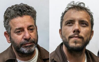 Spanish anti-Israel activist Saif Abu Keshek (L) and Brazilian activist Thiago Avila are seen in court in Ashkelon on May 5, 2026. (Ilia Yefimovich / AFP)