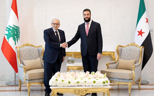 This handout photo provided by Syria's SANA news agency's May 9, 2026, shows Syrian President Ahmed al-Sharaa and Lebanese Prime Minister Nawaf Salam at the People's Palace in Damascus. (SANA / AFP) This handout photo provided by Syria's SANA news agency's May 9, 2026, shows Syrian President Ahmed al-Sharaa and Lebanese Prime Minister Nawaf Salam at the People's Palace in Damascus. (SANA / AFP)