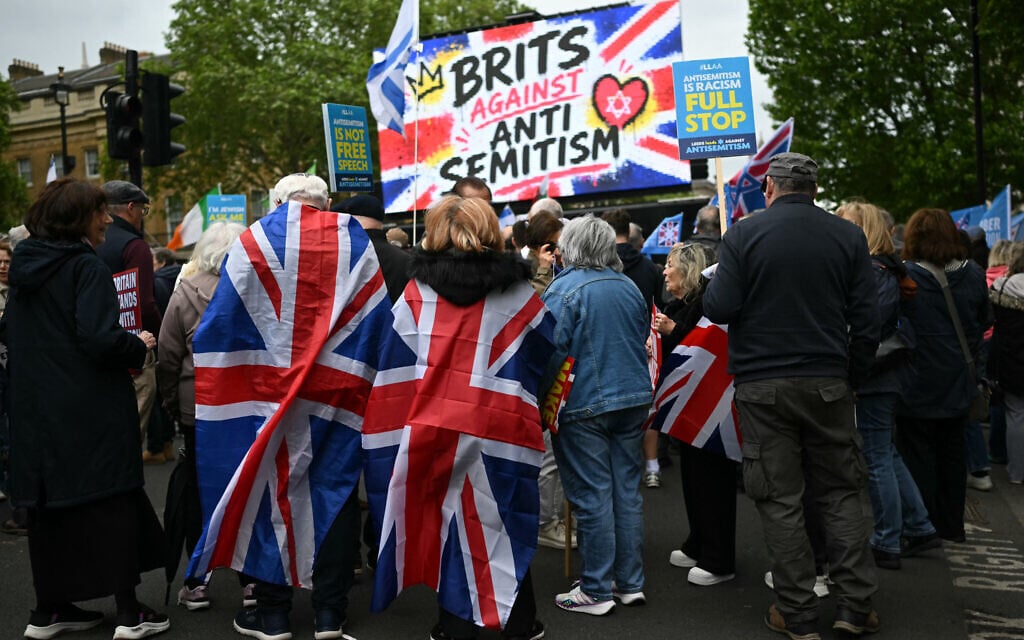 People attend a rally organized by the Campaign Against Antisemitism, opposite Downing Street in central London on May 10, 2026. (Photo by JUstin Tallis/AFP)