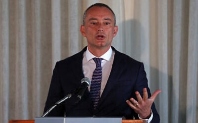 The high representative for Gaza under US President Donald Trump's Board of Peace, Nickolay Mladenov addresses a press briefing in Jerusalem on May 13, 2026. (Photo by Ahmad GHARABLI / AFP)