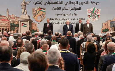 Palestinian Authority President Mahmoud Abbas (2nd L) chairs the eighth Fatah conference in the West Bank city of Ramallah on May 14, 2026. (Jaafar ASHTIYEH / AFP)
