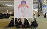 Iranian women sit in front of an image of slain supreme leader Ali Khamenei as they gather at the the Imam Khomeini Mosque in Tehran, Iran, for a commemoration of war dead, May 24, 2026. (ATTA KENARE / AFP) /