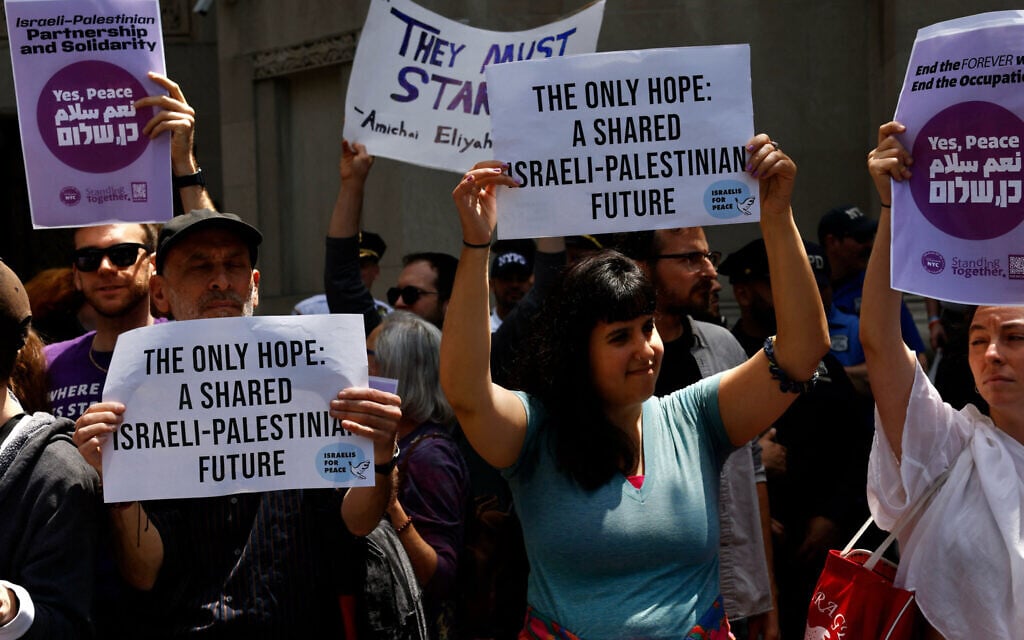 Demonstrators hold up signs supporting peace between Israel and Palestine during the Israel Day Parade in New York, on May 31, 2026. (Kena Betancur / AFP)