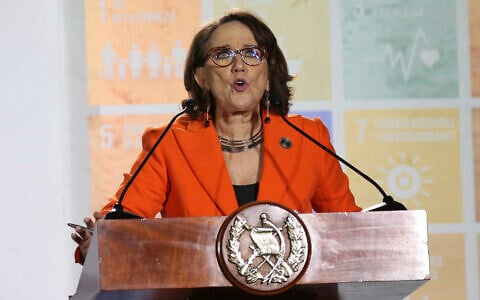 Then-Ibero-American Secretary Rebeca Grynspan speaks in Antigua, Guatemala, November 16, 2018. (AP/Oliver de Ros)