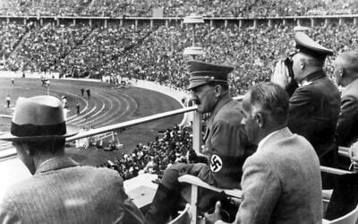 From left to right, Dr. Joseph Goebbels, German Chancellor Adolf Hitler, Reichs Sports Leader Hans von Tschammer und Osten and General Field Marschall Werner von Blomberg observe the Olympic Games in Berlin, Germany in August 1936. (AP Photo, File)