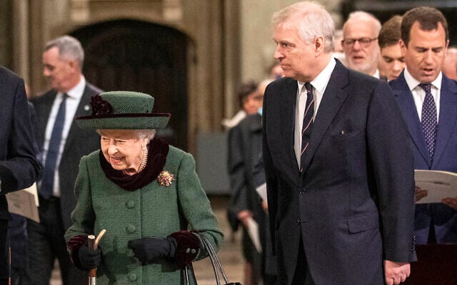 Britain's Queen Elizabeth II, left, and Prince Andrew, center right, arrive for a Service of Thanksgiving for the life of Prince Philip, Duke of Edinburgh, at Westminster Abbey in London on March 29, 2022. (Richard Pohle/Pool via AP) Britain's Queen Elizabeth II, left, and Prince Andrew, center right, arrive for a Service of Thanksgiving for the life of Prince Philip, Duke of Edinburgh, at Westminster Abbey in London on March 29, 2022. (Richard Pohle/Pool via AP)