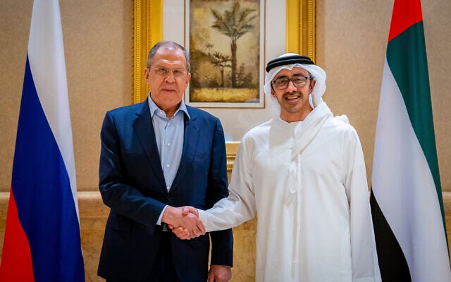 In this photo released by Emirates News Agency, WAM, UAE Foreign Minister Abdullah bin Zayed Al Nahyan, right, shakes hands with Russian Foreign Minister Sergey Lavrov in Abu Dhabi, United Arab Emirates, November 3, 2022. (Emirates News Agency via AP) In this photo released by Emirates News Agency, WAM, UAE Foreign Minister Abdullah bin Zayed Al Nahyan, right, shakes hands with Russian Foreign Minister Sergey Lavrov in Abu Dhabi, United Arab Emirates, November 3, 2022. (Emirates News Agency via AP)