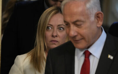 Italian Premier Giorgia Meloni, left, and Israeli Prime Minister Benjamin Netanyahu arrive for a joint press conference at Chigi Palace government offices in Rome, Friday, March 10, 2023. (AP Photo/Andrew Medichini) Italian Premier Giorgia Meloni, left, and Israeli Prime Minister Benjamin Netanyahu arrive for a joint press conference at Chigi Palace government offices in Rome, Friday, March 10, 2023. (AP Photo/Andrew Medichini)