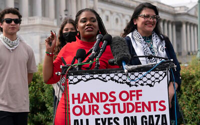 Then-US Rep. Cori Bush and US Rep. Rashida Tlaib, accompanied by George Washington University students, speak during a news conference at the US Capitol, May 8, 2024, in Washington, DC. (AP/Jose Luis Magana) Then-US Rep. Cori Bush and US Rep. Rashida Tlaib, accompanied by George Washington University students, speak during a news conference at the US Capitol, May 8, 2024, in Washington, DC. (AP/Jose Luis Magana)