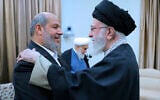 File: Iran's then-supreme leader Ayatollah Ali Khamenei, right, greets Khalil al-Hayya, then a member of Hamas leadership council, during their meeting in Tehran, Feb. 8, 2025. (Office of the Iranian Supreme Leader via AP)