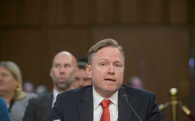 Aaron Lukas appears before a Senate Committee on Intelligence hearing for his pending confirmation to be principal deputy director DNI, on Capitol Hill, April 9, 2025, in Washington. (AP Photo/Rod Lamkey, Jr.)