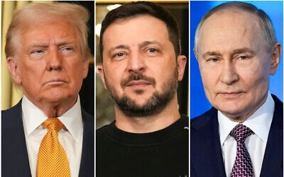 FILE - In this combination of file photos, US President Donald Trump, left, and Ukraine's President Volodymyr Zelensky, center, are seen at the Elysee Palace, December 7, 2024 in Paris, and Russian President Vladimir Putin addresses a Technology Forum in Moscow on February 21, 2025. (AP Photo/Aurelien Morissard, left and center, Pavel Bednyakov, right, File)