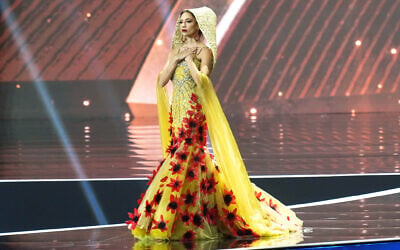 Miss Israel Melanie Shiraz competes in the national costume competition at the Miss Universe Beauty Pageant in Nonthaburi province, Thailand, November 19, 2025. (AP Photo/Sakchai Lalit)