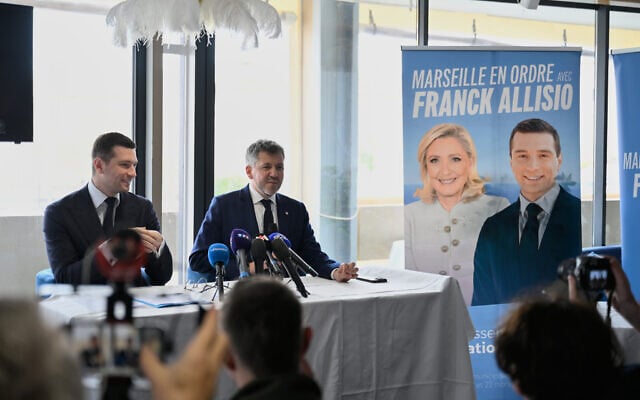 Far-right party National Rally president Jordan Bardella, left, attends a press conference to support far-right candidate for Marseille mayoral election, Franck Allisio, right, in Marseille, south of France, on March 6, 2026. (AP Photo/Philippe Magoni) Far-right party National Rally president Jordan Bardella, left, attends a press conference to support far-right candidate for Marseille mayoral election, Franck Allisio, right, in Marseille, south of France, on March 6, 2026. (AP Photo/Philippe Magoni)