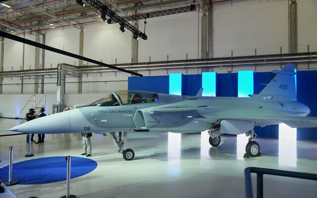 illustrative: A F-39E Gripen fighter jet at the Embraer plant in Gaviao Peixoto, Brazil, March 25, 2026. (AP Photo/Andre Penner)