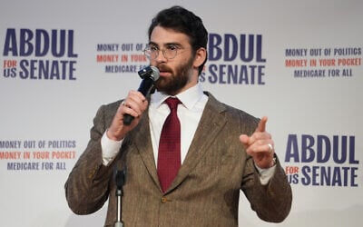 Far-left streamer Hasan Piker speaks at a campaign rally for Abdul El-Sayed, a candidate in the Democratic primary for US Senate in Michigan, at the University of Michigan in Ann Arbor on Tuesday, April 7, 2026. (AP Photo/Julia Demaree Nikhinson)