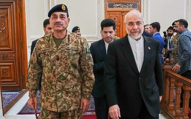 Iran's Parliamentary Speaker Mohammad Bagher Ghalibaf, right, meets Pakistan's Army Chief Field Marshal Asim Munir in Tehran, Iran, on April 16, 2026. (Hamed Malekpour/ICANA via AP)