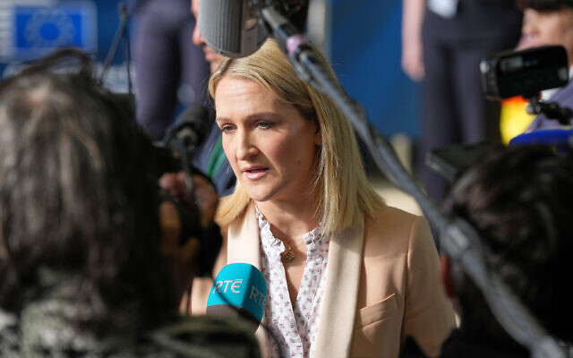 Ireland's Foreign Minister Helen McEntee speaks with the media as she arrives for a meeting of EU foreign ministers at the European Council building in Luxembourg, April 21, 2026. (AP Photo/Virginia Mayo)