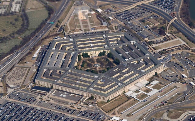 The Pentagon is seen from Air Force One as the plane flies over Washington on March 2, 2022. (AP Photo/Patrick Semansky)