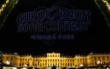 3,000 drones depict the logo sign in preparation for the Eurovision Song Contest in front of castle Schonbrunn in Vienna, Austria, April 27, 2026. (AP/Matthias Schrader)