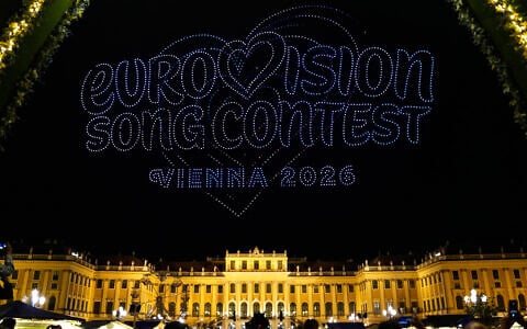 3,000 drones depict the logo sign in preparation for the Eurovision Song Contest in front of castle Schonbrunn in Vienna, Austria, April 27, 2026. (AP/Matthias Schrader)