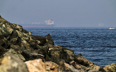 Cargo ships are seen at sea in the Gulf of Oman near the Strait of Hormuz, as viewed from a rocky shoreline near Khor Fakkan, United Arab Emirates, May 1, 2026. (AP Photo/Fatima Shbair)