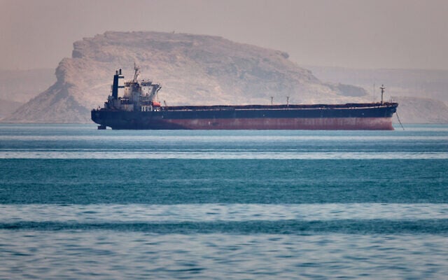 A bulk cargo ship sits at anchor in the Strait of Hormuz off Bandar Abbas, Iran, May 2, 2026. (Amirhosein Khorgooi/ISNA via AP)