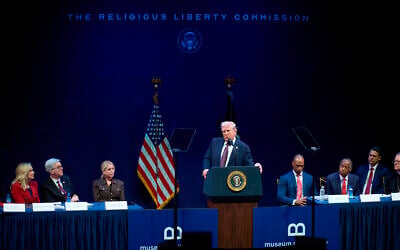 US President Donald Trump addresses the White House Religious Liberty Commission during an event at the Museum of the Bible, September 8, 2025, in Washington. (AP Photo/Evan Vucci, File)