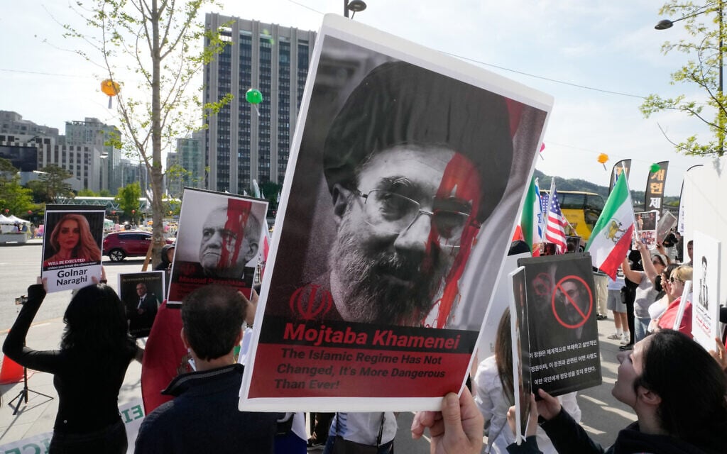 Protesters in South Korea stage a rally to denounce the Iranian government's policy near the US Embassy in Seoul, South Korea, May 10, 2026. (AP/Ahn Young-joon)
