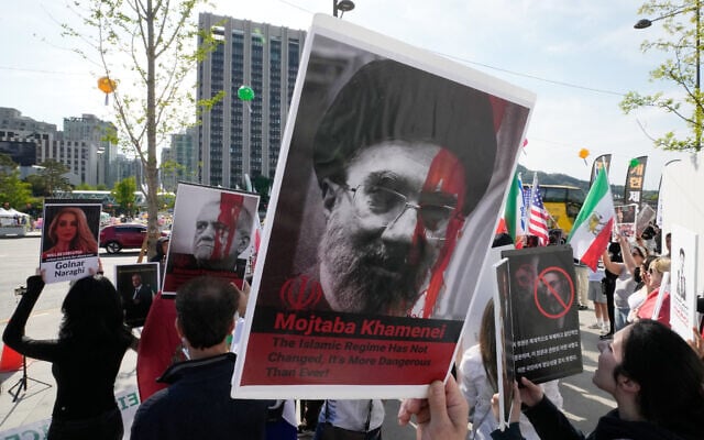 Protesters in South Korea stage a rally to denounce the Iranian government's policy near the US Embassy in Seoul, South Korea, May 10, 2026. (AP/Ahn Young-joon)