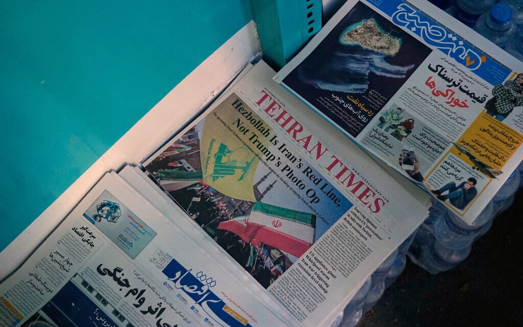 The front page of the Sunday May 10, 2026, edition of the Iranian newspaper Tehran Times is seen with the headline discussing Israel-Lebanon negotiations, on a news stand in northern Tehran, Iran, May 10, 2026. (AP/Vahid Salemi) The front page of the Sunday May 10, 2026, edition of the Iranian newspaper Tehran Times is seen with the headline discussing Israel-Lebanon negotiations, on a news stand in northern Tehran, Iran, May 10, 2026. (AP/Vahid Salemi)