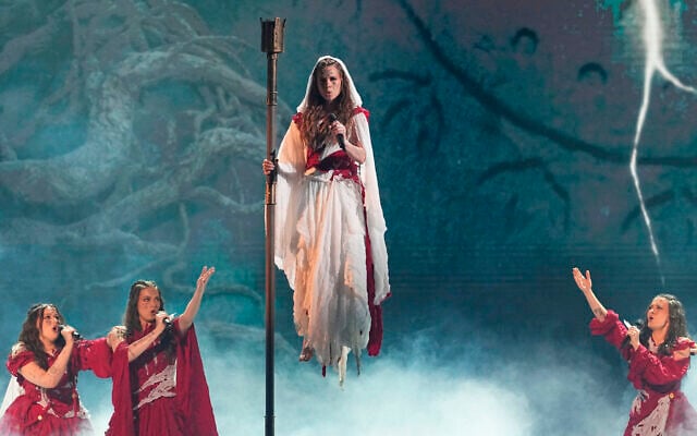 Lelek from Croatia performs the song "Andromeda" on stage during the dress rehearsal for the first semifinal of the 70th Eurovision Song Contest in Vienna, Austria, May 11, 2026. (AP/Martin Meissner)