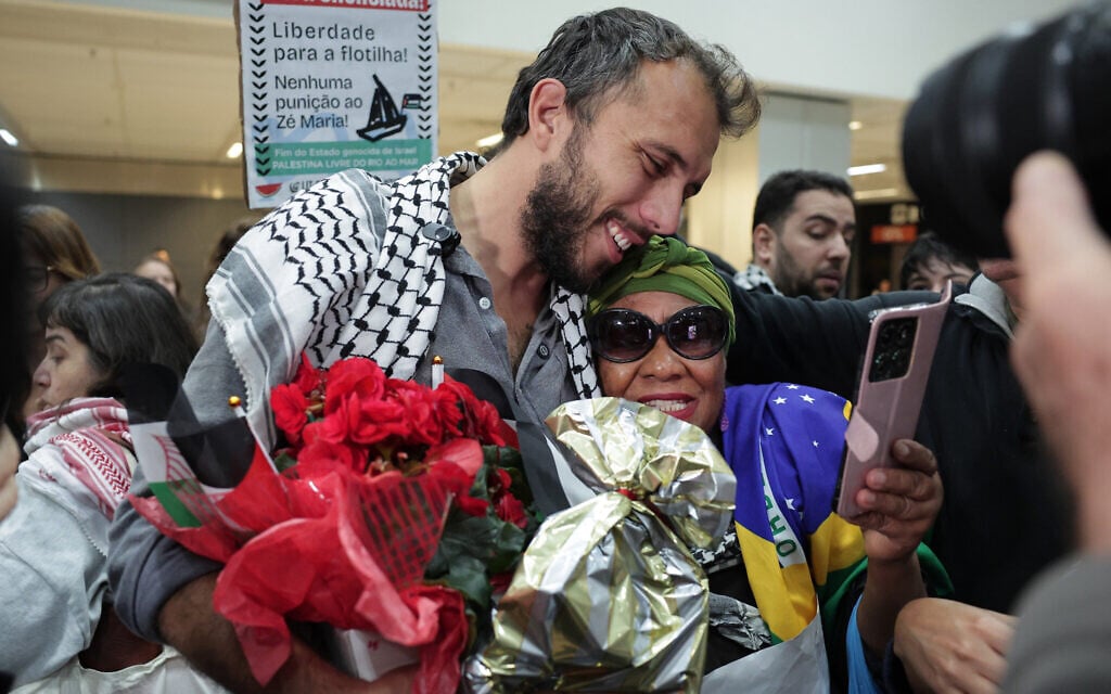 Brazilian activist Thiago Avila, of the Global Sumud Flotilla, arrives at the Sao Paulo International airport, after being released from detention in Israel, Monday, May 11, 2026. (AP Photo/Ettore Chiereguini) Brazilian activist Thiago Avila, of the Global Sumud Flotilla, arrives at the Sao Paulo International airport, after being released from detention in Israel, Monday, May 11, 2026. (AP Photo/Ettore Chiereguini)