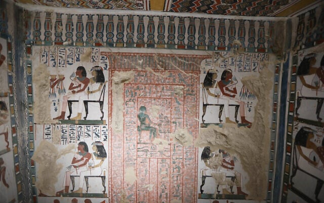 Colored artifacts are seen at the tomb of Samut, door keeper of Amun during the 18th Dynasty, after restorations help by the Zahi Hawass Foundation for Heritage and Antiquities in Luxor, Egypt, May 14, 2026. (AP Photo)