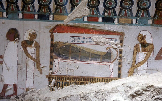 Colored artifacts are seen at the tomb of RabuIa, door keeper of Amun during the 18th Dynasty, after restorations help by the Zahi Hawass Foundation for Heritage and Antiquities in Luxor, Egypt, May 14, 2026. (AP Photo)