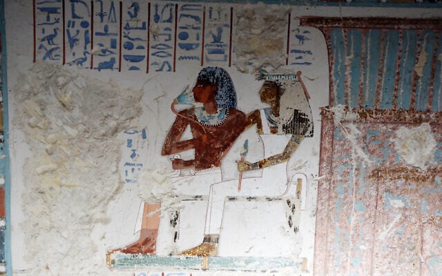Colored artifacts are seen at the tomb of RabuIa, door keeper of Amun during the 18th Dynasty, after restorations help by the Zahi Hawass Foundation for Heritage and Antiquities in Luxor, Egypt, May 14, 2026. (AP Photo)